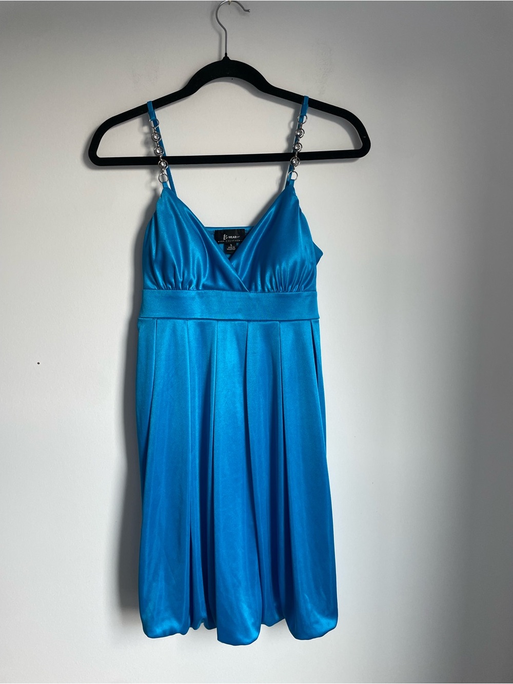 Bright Blue Satin Empire Tie Waist Chain Strap Bubble Hem Mini Dress Y2K